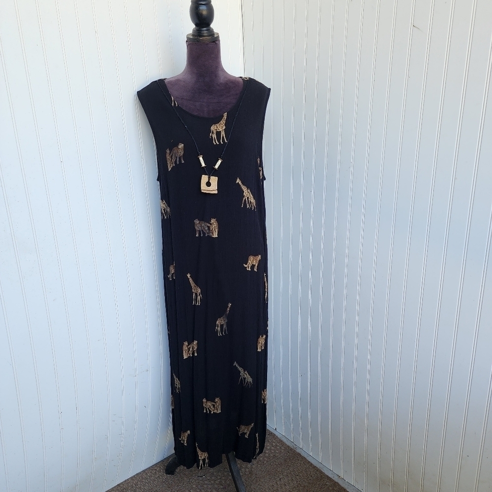Vtg Women's Crinkle Sleeveless Long Maxi Dress Giraffe Safari Rayon Black 18W